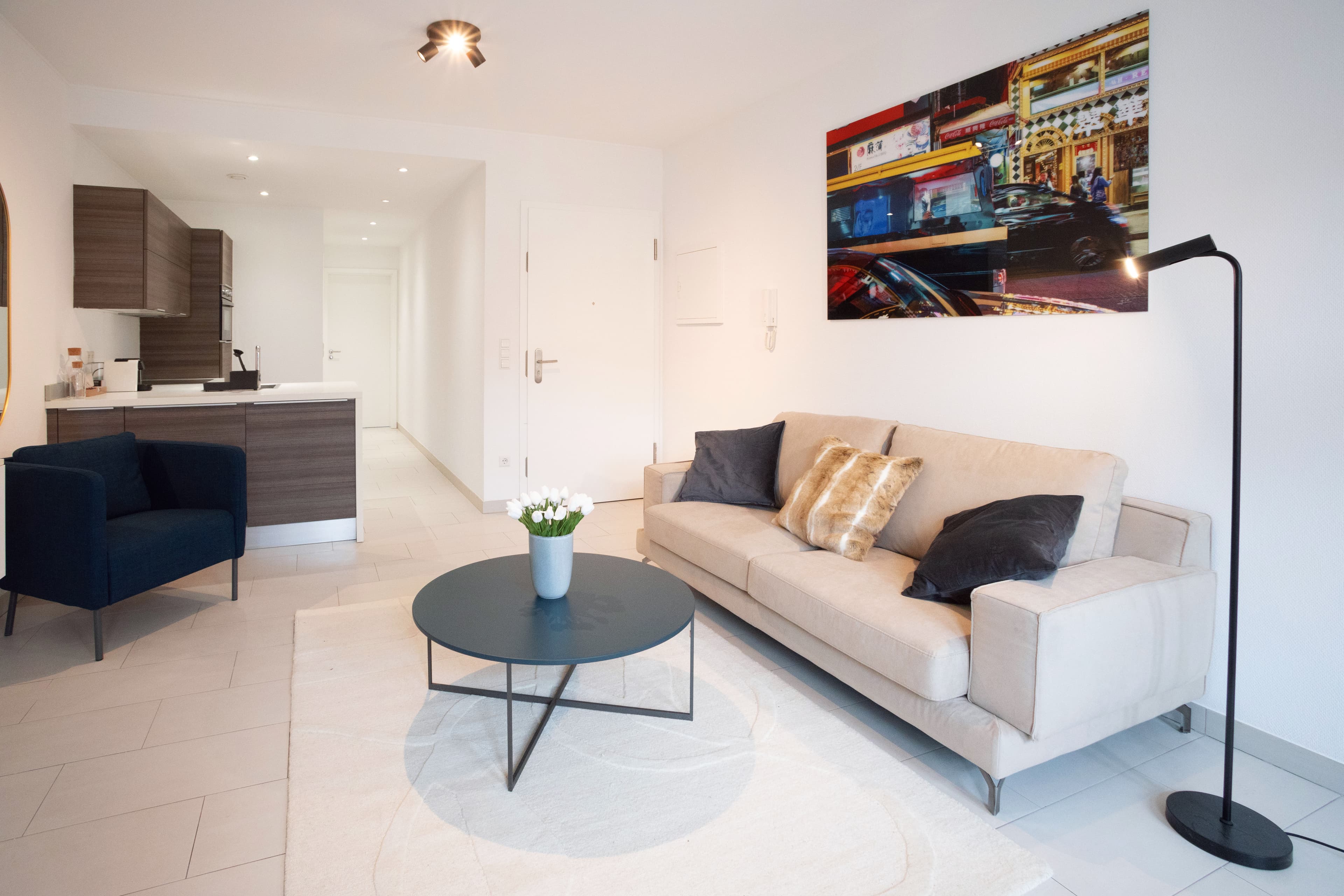 Fully equipped kitchen and lounge with sofa, cushions, and coffee table under a white carpet. Armchair in front of the sofa, kitchen behind, hallway leading to the entry door in the back.