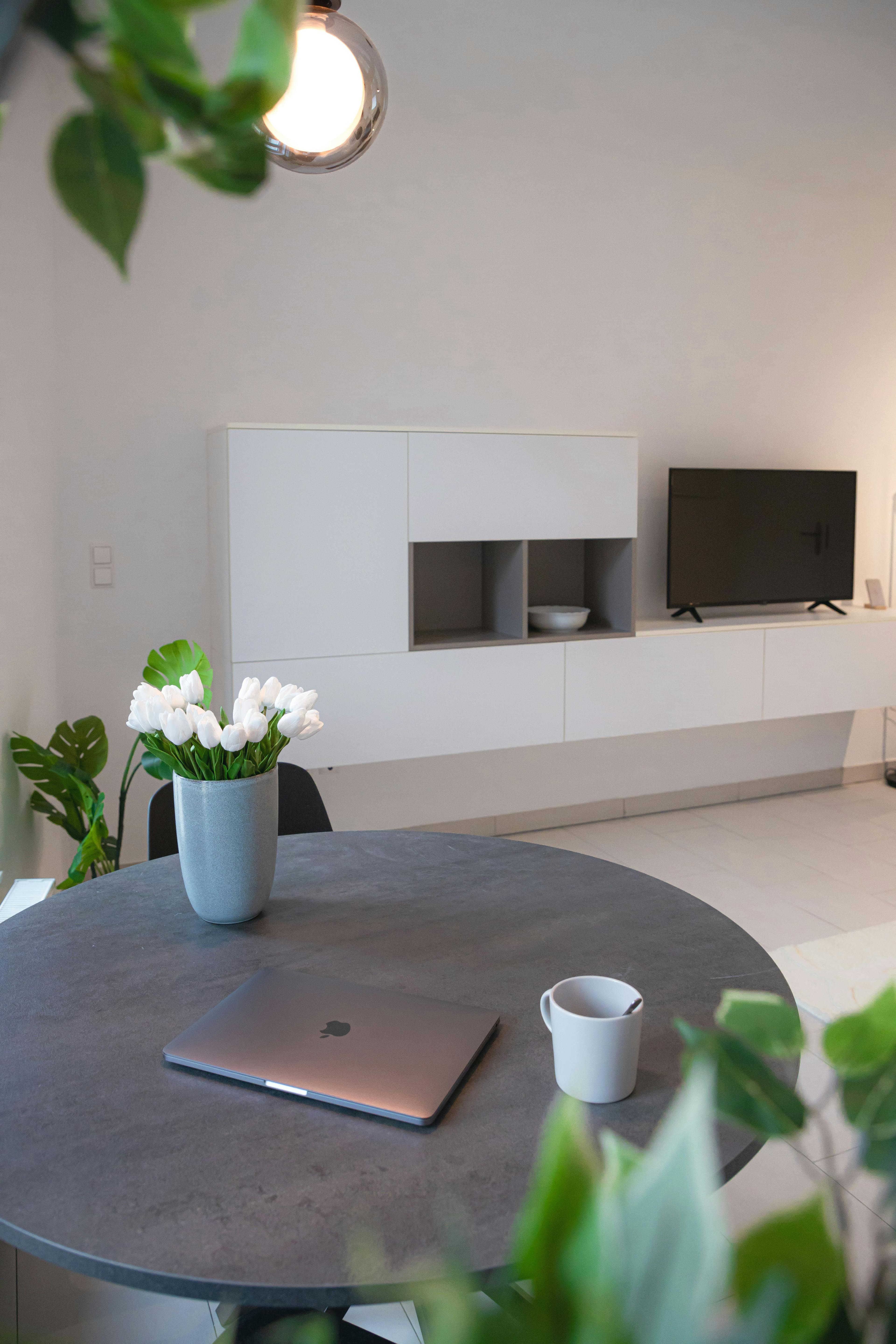 Zoomed-in image of the lounge with a dining table with a flower vase and a laptop on top. A TV stand with a smart TV is in front of it.