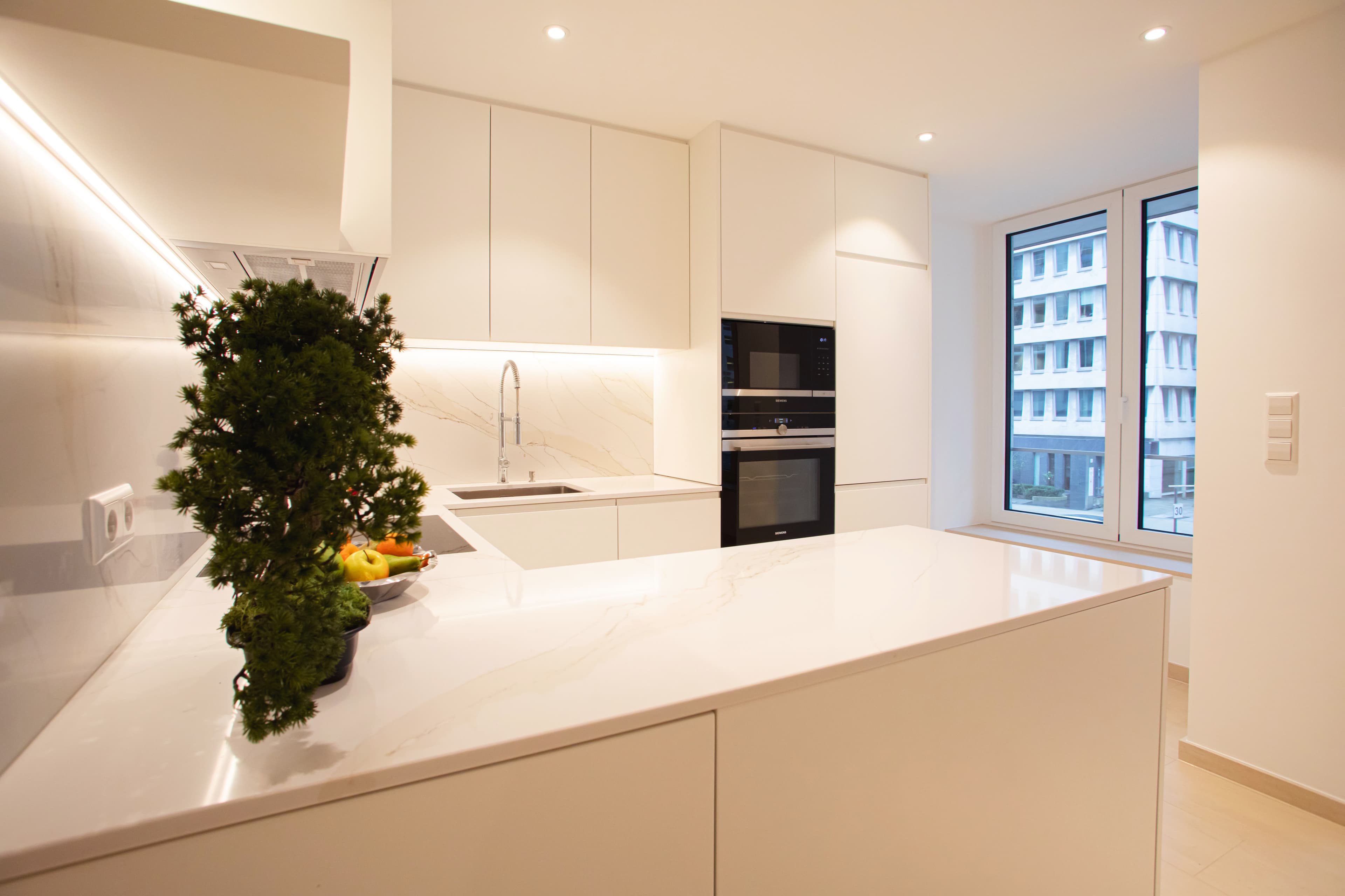 Fully equipped kitchen area with big windows next to it. On the counter top, there is a fruit bowl and a small bonsai pot.