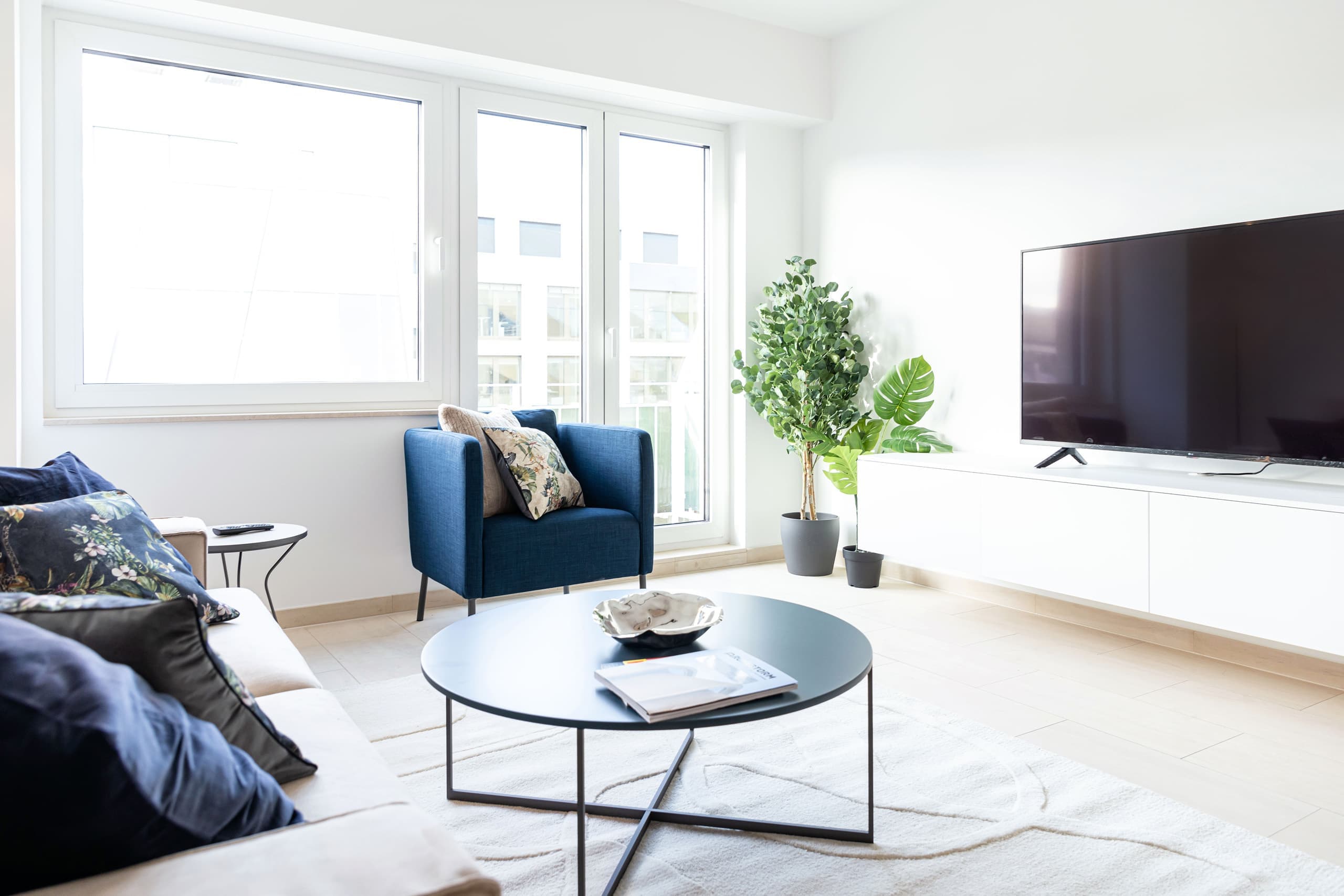 Lounge area with a couch with cushions and a TV stand with a smart TV on top, in front of it. In its proximity is also an armchair and a small coffee table. In the foreground, there is the balcony door and windows. Next to the balcony door there are two big flowers in pots.