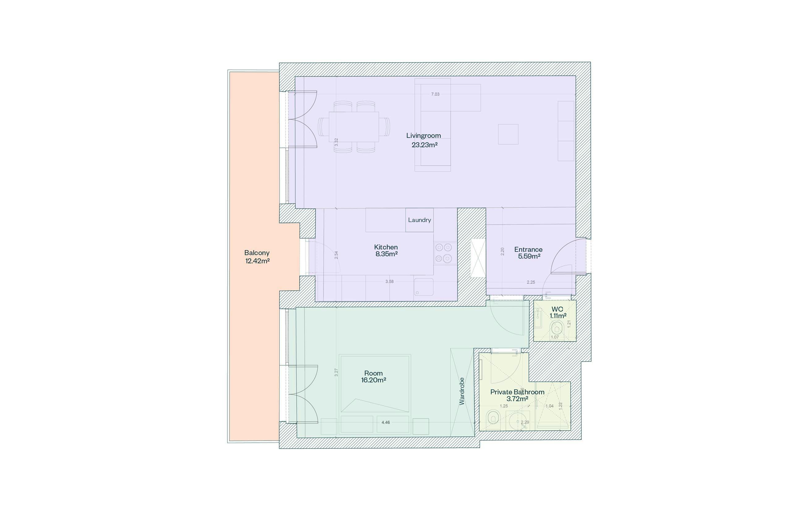 Visual guide floor plan for apartment Petrusse at Hamilius apartments in the centre of Luxembourg. The plan show the layout of the one bedroom apartment's living area, bedroom and bathroom and additional separate toilet.  It also shows a large full-length balcony that goes from the bedroom to living area.