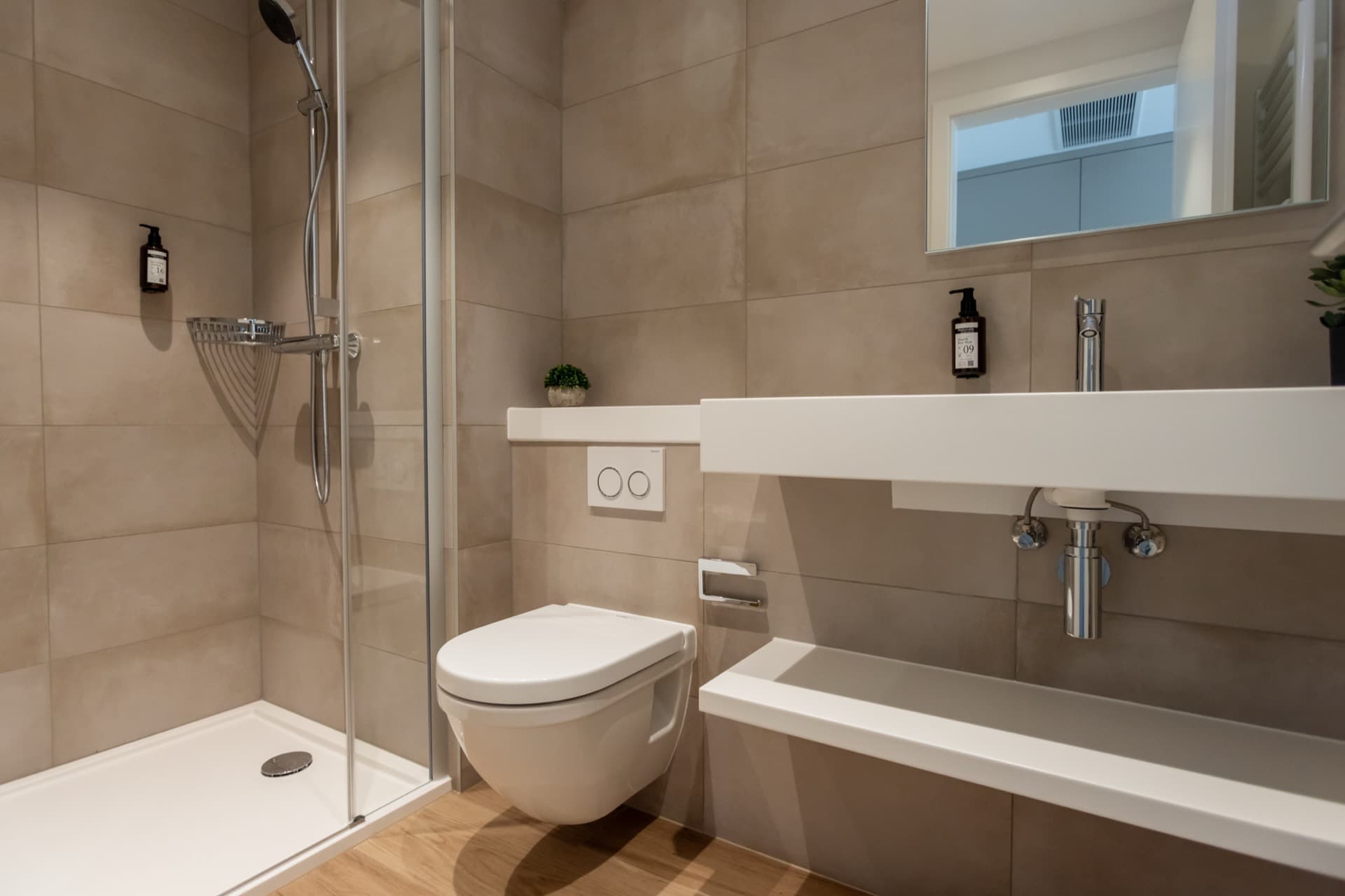 Bathroom with walk-in shower, toilet, sink and a large mirror above. Storage space underneath the sink
