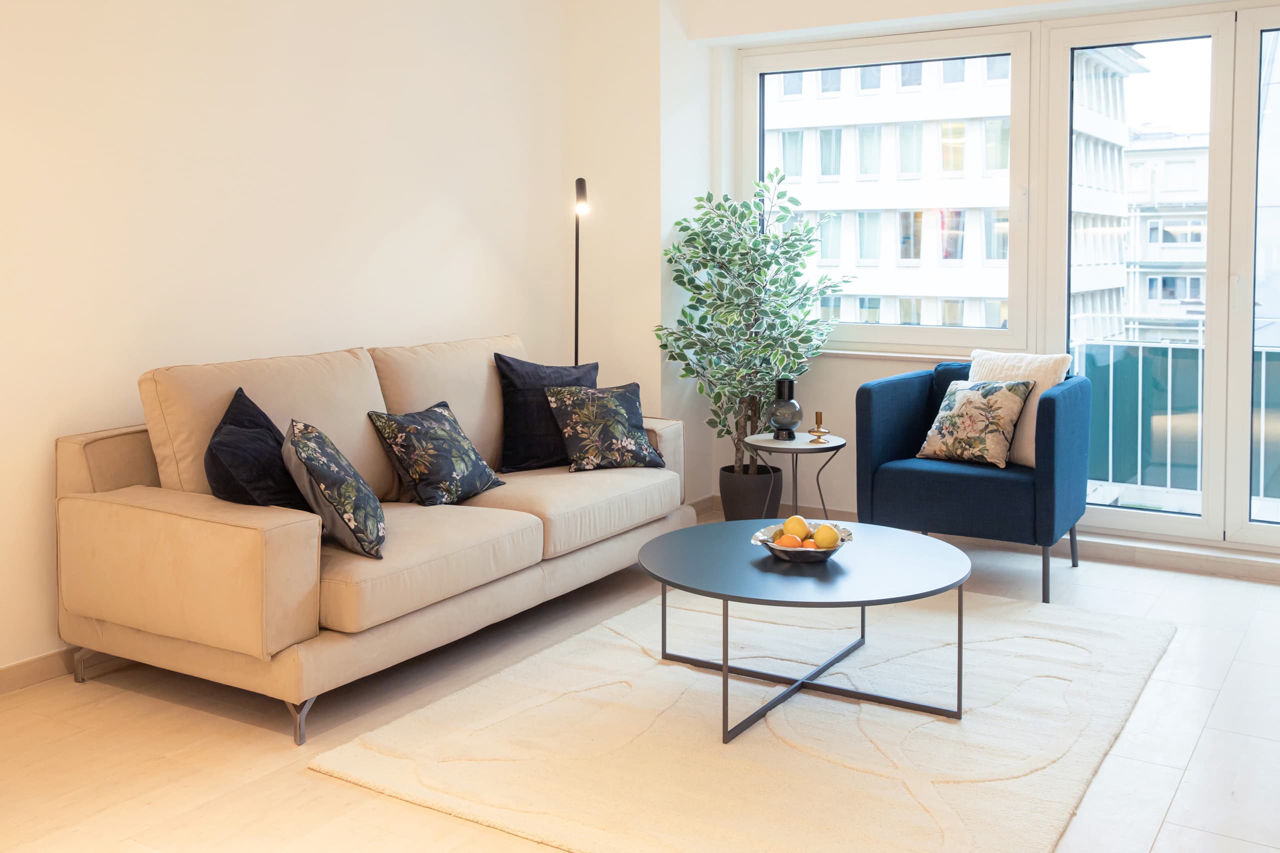 Living area of apartment Attert at Hamilius apartments showing the sofa, coffee table and side chair. There is a plant in the background.