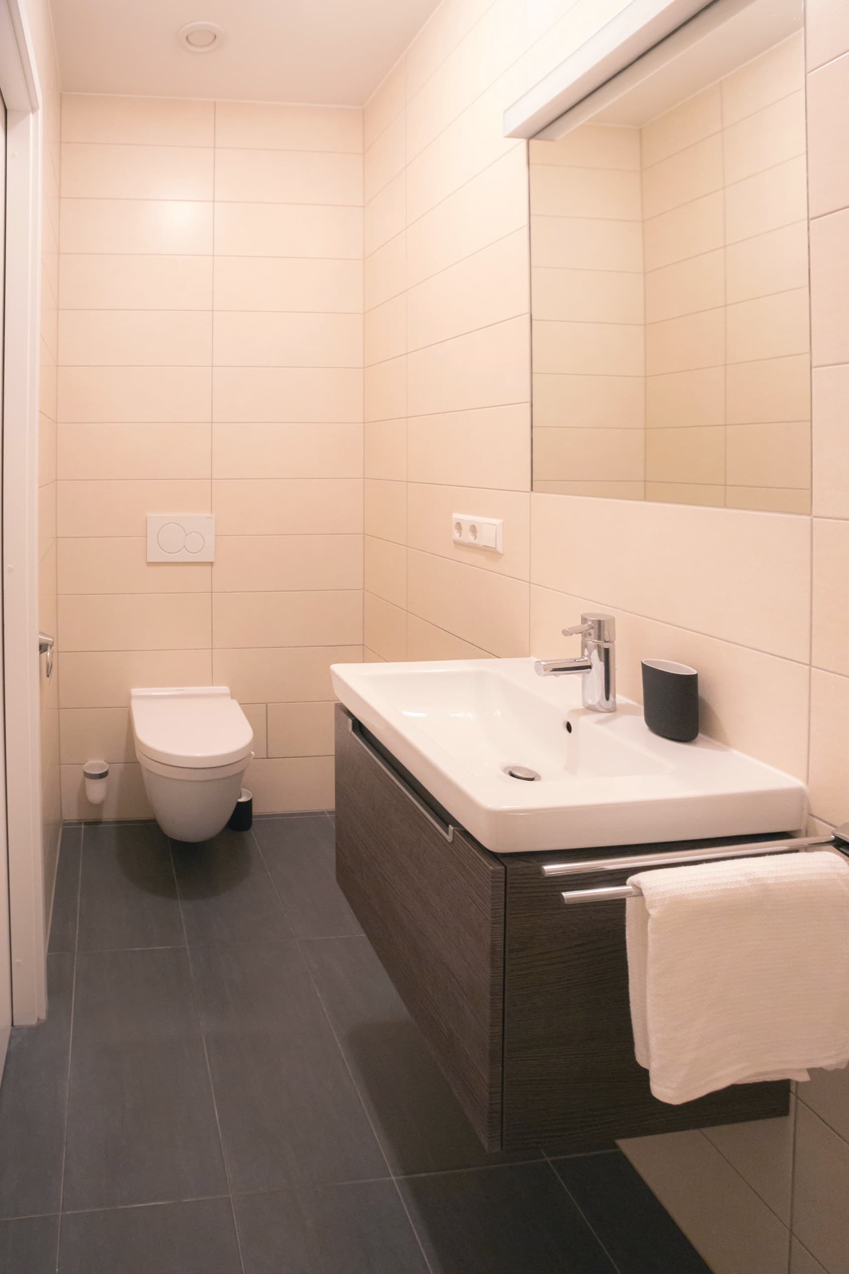 White toilet and sink next to it. All amenities provided.