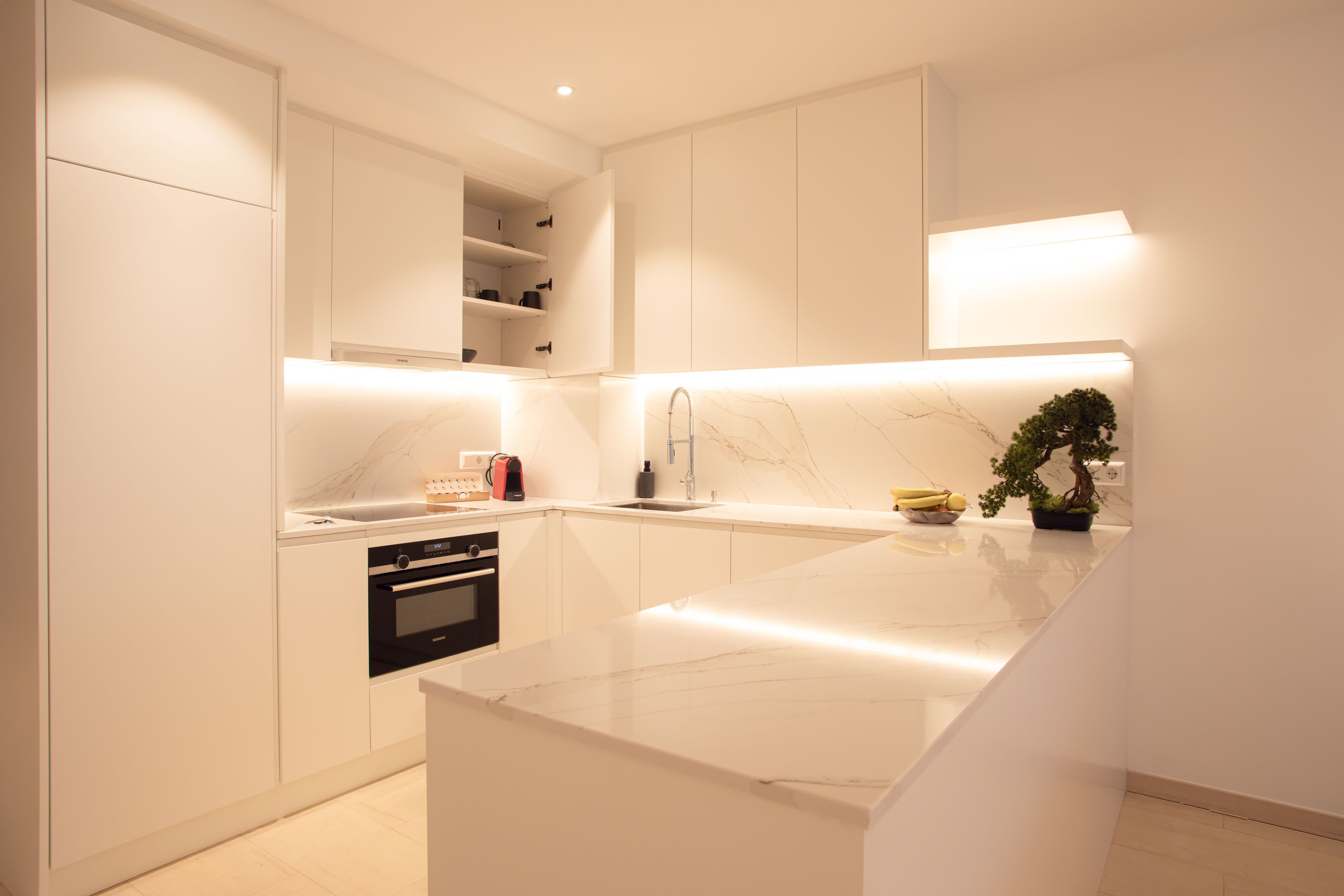 Fully equipped kitchen, with coffee machine and a bowl of fruits on the counter. Next, there is a small bonsai tree.