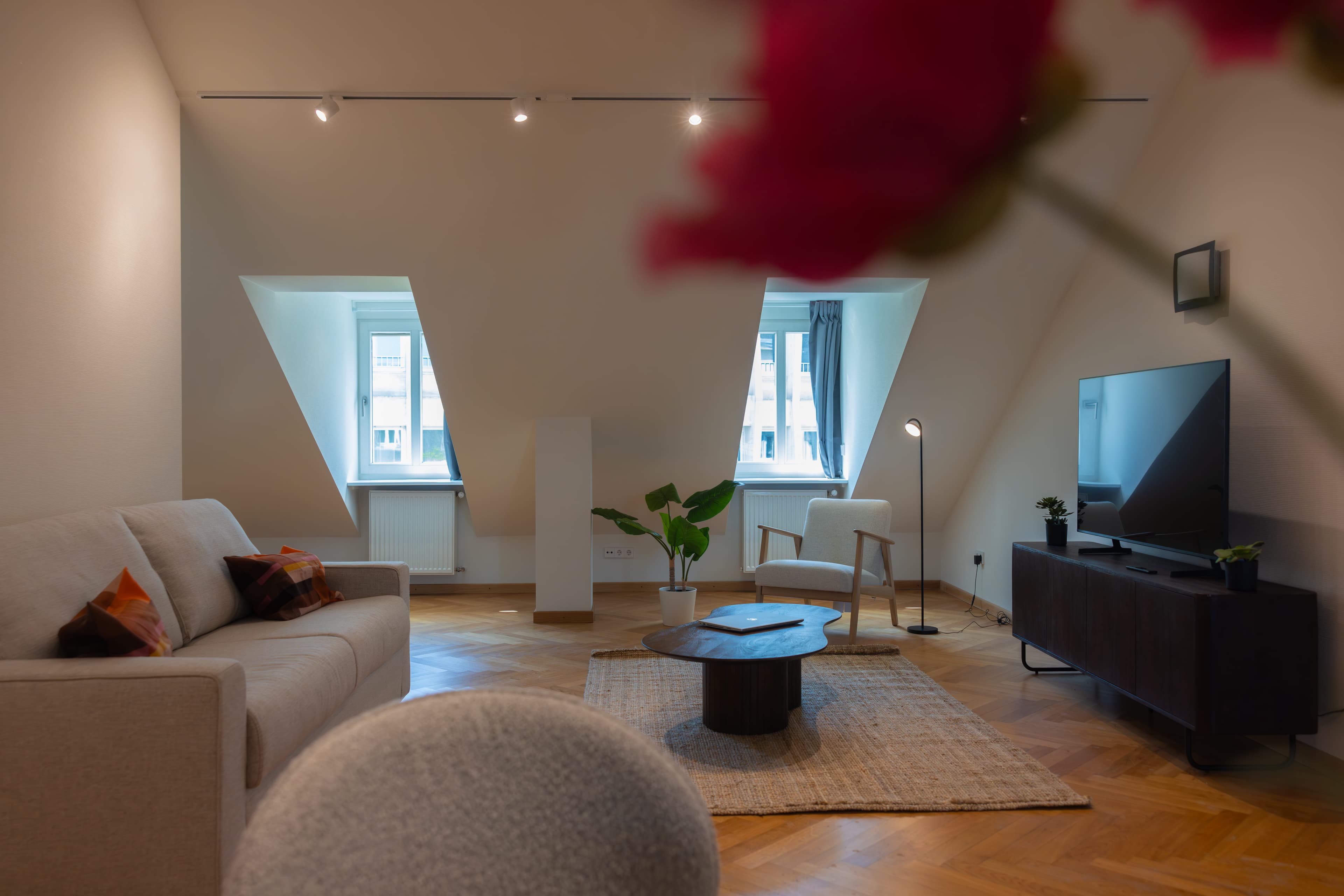 The picture depicts the lounge area, with two large windows. The floor is made of wooden parquet.
On the left of the picture is a beige sofa bed with cushions and heating radiators under the windows. On the right and in front, there is a light beige armchair, a standing lamp, and a flower pot. There is also a TV stand with an LCD TV on top.